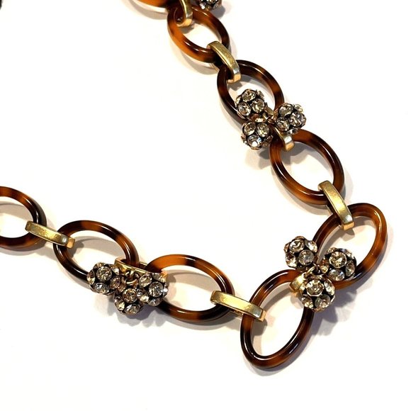 J CREW Statement Necklace Belt Faux Tortoise Lucite Rhinestone Links 18"-51" - Picture 1 of 9